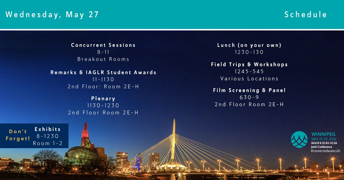 IAGLR's tweet photo. What's happening tomorrow at the IAGLR &amp; SCAS-SCSA 2026 Joint Conference? More talks, and an afternoon filled with field trips and workshops. For more information: https://t.co/iZDG7sAA5q

#connectedwaters26 #iaglr26 https://t.co/3rE7hrgvUU