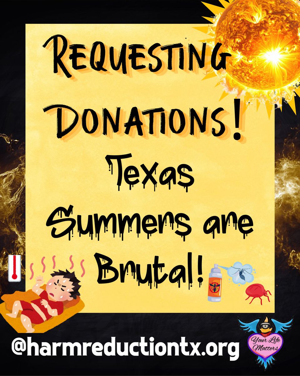 TexasHRA's tweet photo. 🚨Texas Summers are brutal and our unhoused neighbors are facing extreme heat.🚨 THRA is requesting donations of bug spray, repellent wipes, cooling towels, electrolyte packets and bottled water. Call (512) 585-7145 or email info@harmreductiontx.org to arrange donation drop-off. https://t.co/RNXtL3rpXJ