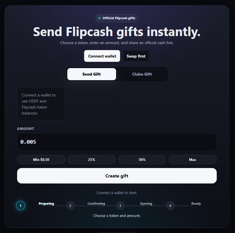 FlipDashdotCom's tweet photo. 🎁 @flipcash Gifts are now live on FlipDash.

You can now send Flipcash gifts using USDF or other Flipcash currencies like @jeffycurrency.

Create a gift link, share it, and let the recipient claim it directly in the official Flipcash app.

Try it:
https://t.co/Ctbo07fj5R https://t.co/eNsyQxXT4R