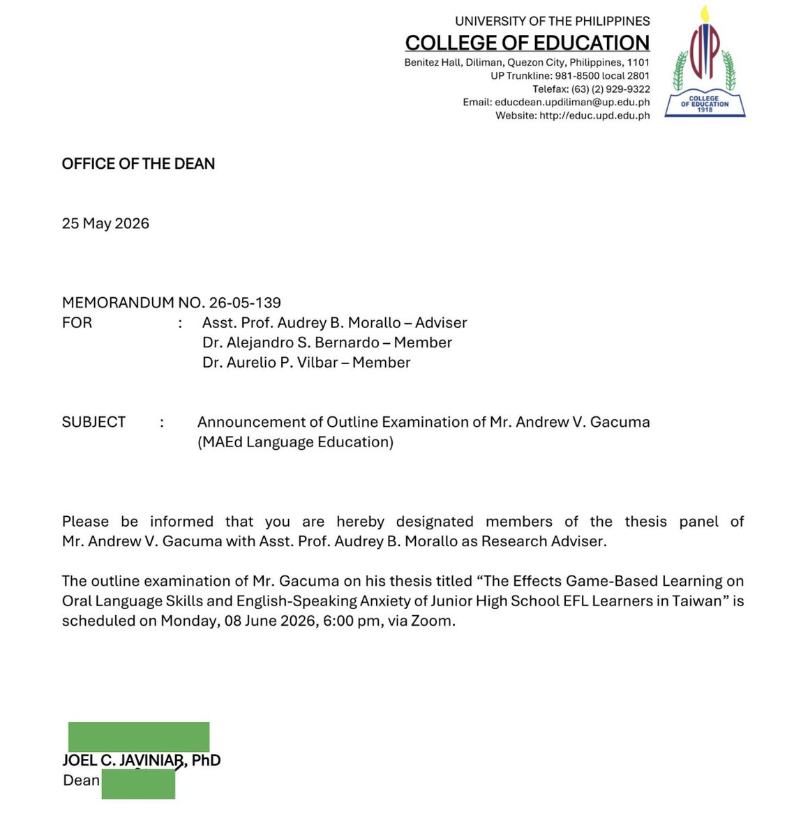 UPCollegeofEduc's tweet photo. Announcement of Outline Examination of Mr. Andrew V. Gacuma (MAEd Language Education) https://t.co/nJKRSkDqDI