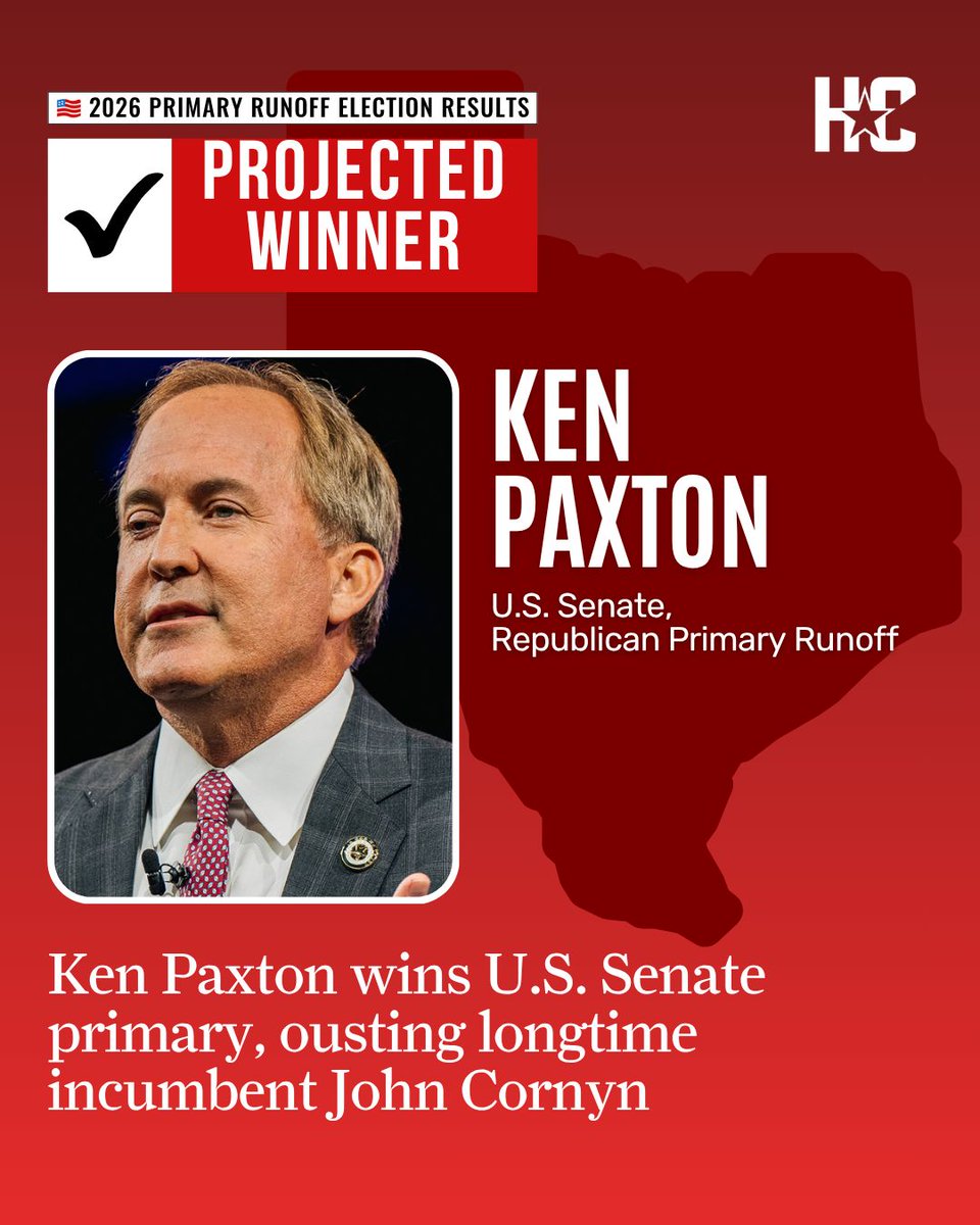 HoustonChron's tweet photo. Breaking: Ken Paxton wins the Republican U.S. Senate primary in Texas, ousting longtime incumbent John Cornyn.

He will face Democratic nominee James Talarico in November. 
https://t.co/hkvMe0elIX https://t.co/4JCSh7oBdh