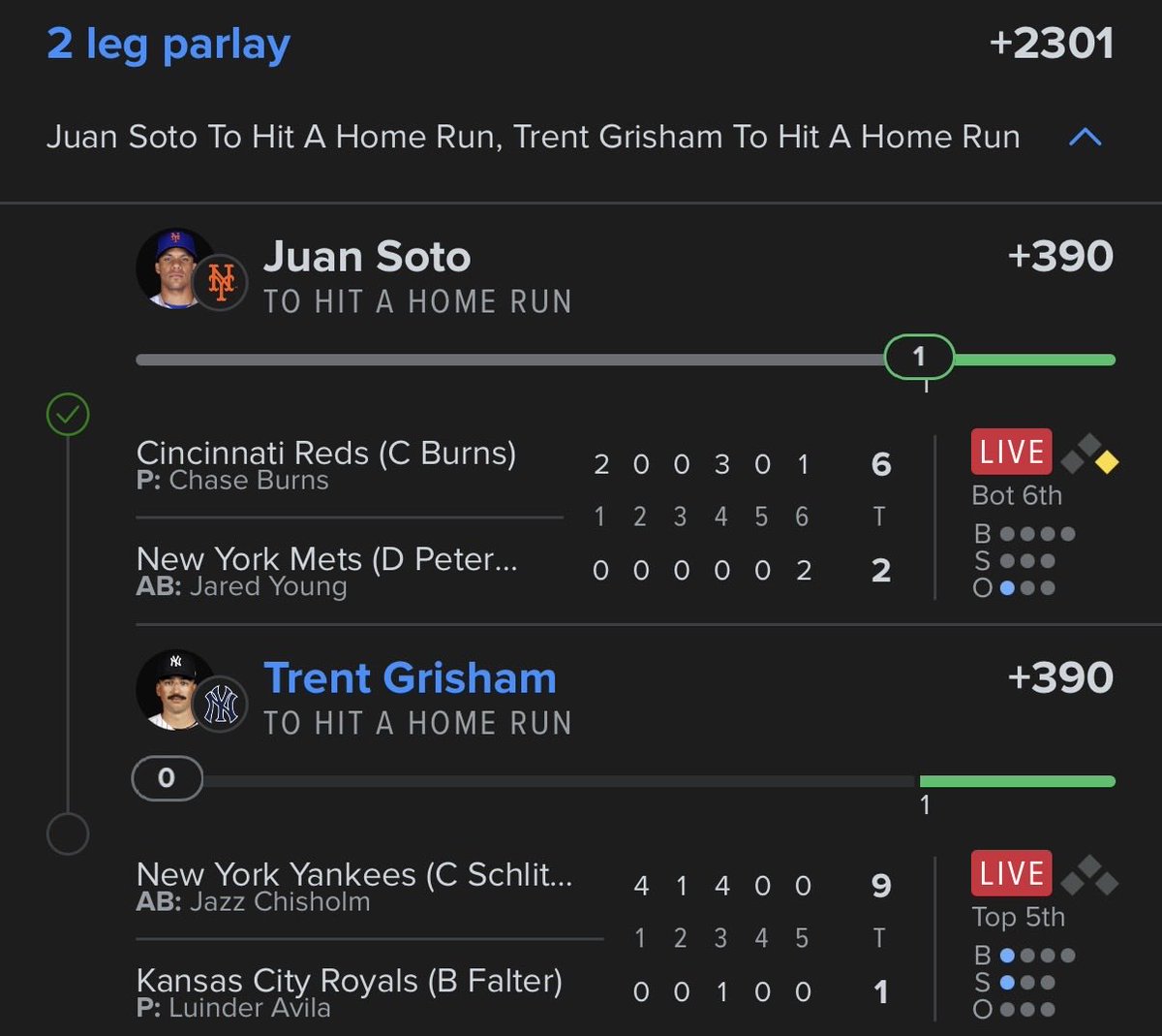 SGP_Parlay's tweet photo. ✅ Juan Soto

If Trent Grisham hits a home run i’ll send $100 to someone that retweets and likes this post! https://t.co/2UVB5YdrKo