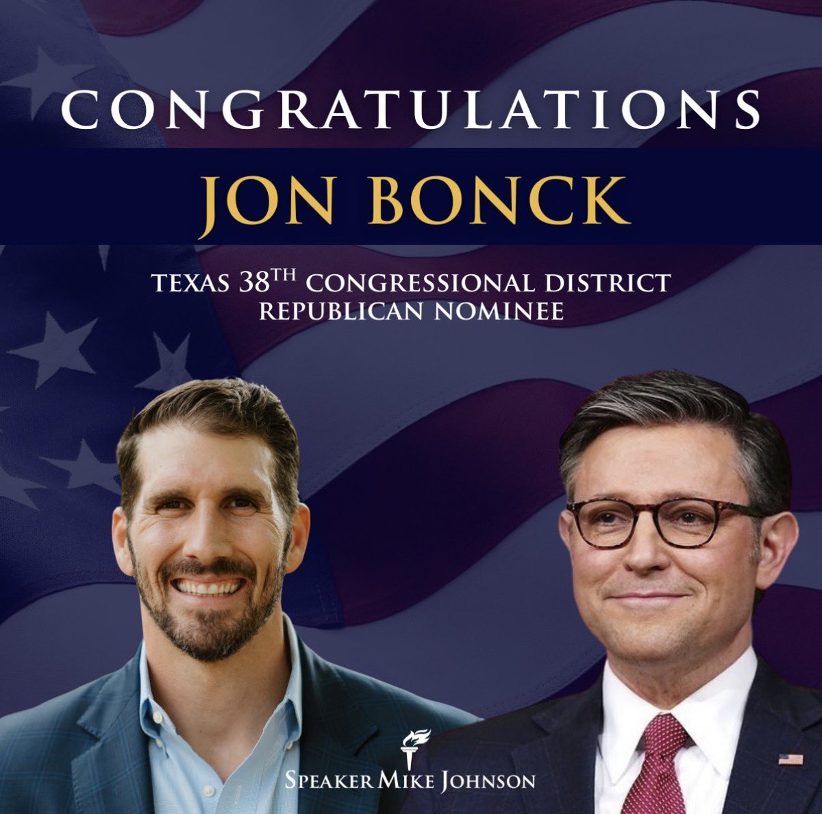 MikeJohnson's tweet photo. Congratulations to @JonBonckTX on victory in the #TX38 Republican primary! I look forward to working together to defend and grow the majority in November. 🇺🇸 https://t.co/1t0HtSLNa9