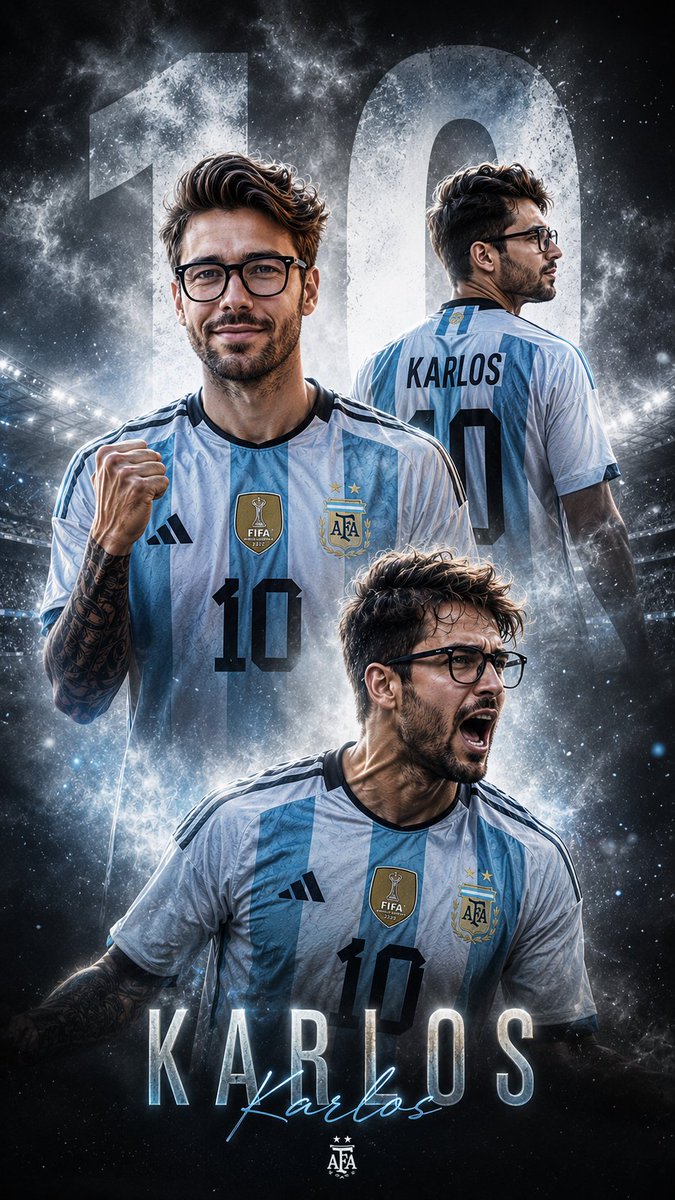 de_mon010's tweet photo. Image created on gpt 2 
Prompt:
Create an ultra-realistic cinematic football poster of a young South Asian man wearing the Argentina national team jersey number 10. The design features three dramatic poses of the same person: one front-facing confident pose with a slight smile and clenched fist, one back pose showing the customized jersey name “karlos ” and number 10, and one emotional shouting celebration pose in the foreground. Background is a smoky white and gray textured stadium atmosphere with dramatic lighting, fog effects, dust particles, and soft blue cinematic glow. Large faded number “10” behind the subject. Realistic jersey fabric details, FIFA champion badge, high-detail skin texture, wet messy hair, sharp jawline, natural face match, DSLR quality, ultra detailed, sports magazine cover style, dynamic composition, depth of field, realistic shadows, high contrast lighting, epic football energy.Color grading inspired by modern FIFA World Cup promotional posters. Hyper realistic, 8K, sharp focus, premium sports branding aesthetic, vertical 9:16 ratio. Text on poster: KARLOS in stylish minimal typography with signature-style text. --ar 9:16 --v 6 --style raw --q 2