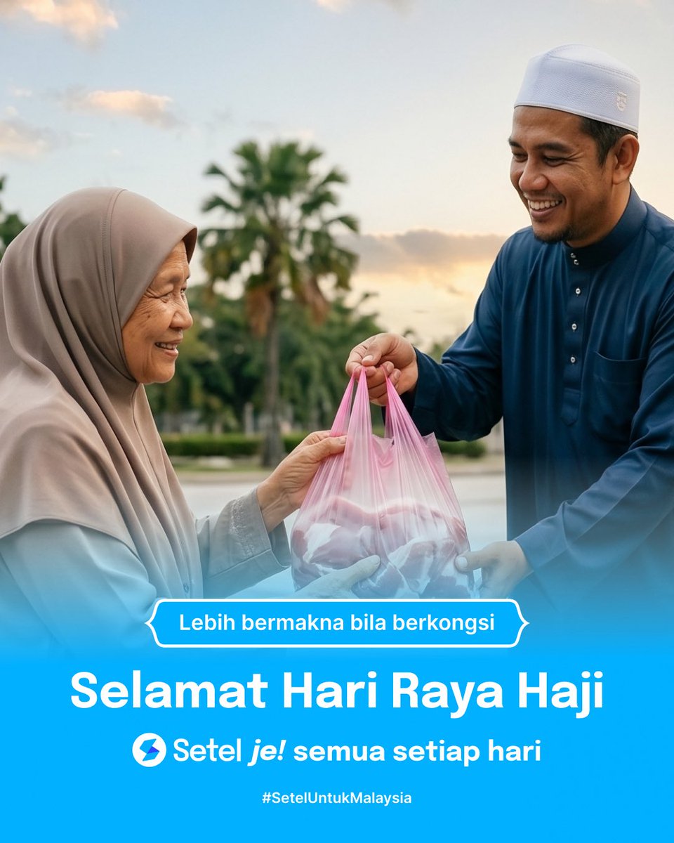 setel's tweet photo. Aidiladha mengingatkan kita tentang indahnya memberi & berkongsi rezeki dengan ikhlas, dan meraikan kebahagiaan bersama insan di sekeliling.

Setel mengucapkan Selamat Hari Raya Aidiladha kepada semua umat Islam. Semoga hari yang penuh keberkatan ini membawa ketenangan, kebahagiaan dan mengeratkan lagi ikatan sesama kita.

Biar setiap langkah dipermudahkan, dan setiap perkongsian lebih bermakna. Setel je! semua setiap hari 💙

#SetelUntukMalaysia