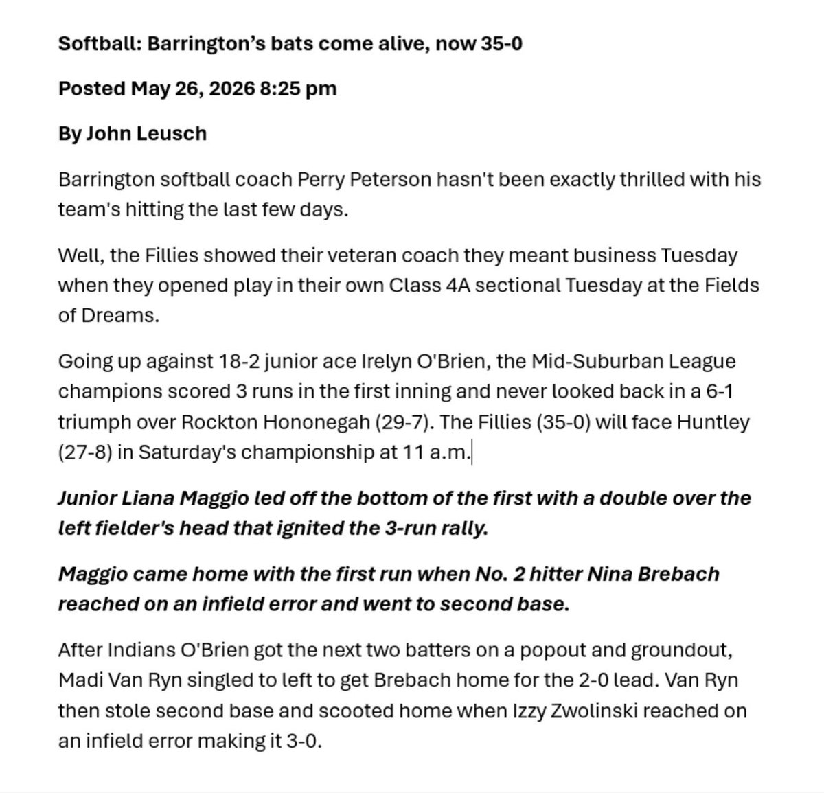 LianaMaggio2027's tweet photo. @softballBHS_ advances to 4A Sectional Finals!  Thank you @john_leusch for covering our game and for the great write-up! 

@ILChillGold @D1ProScouts
@TopPreps @SBRRetweets @SoftballDown @27Softballradar
@LegacyLegendsS1 @YAthletesF
@SoftballRecruit @SoftballClips
@Softball_Home @StriveSoftball @LineDsoftball
@UncommittedUTR @softball_champ1 
@ccprospects23 @PrepSoftball @TOP_D1RECRUITS 
@whosupnext23 @TheeSBReport