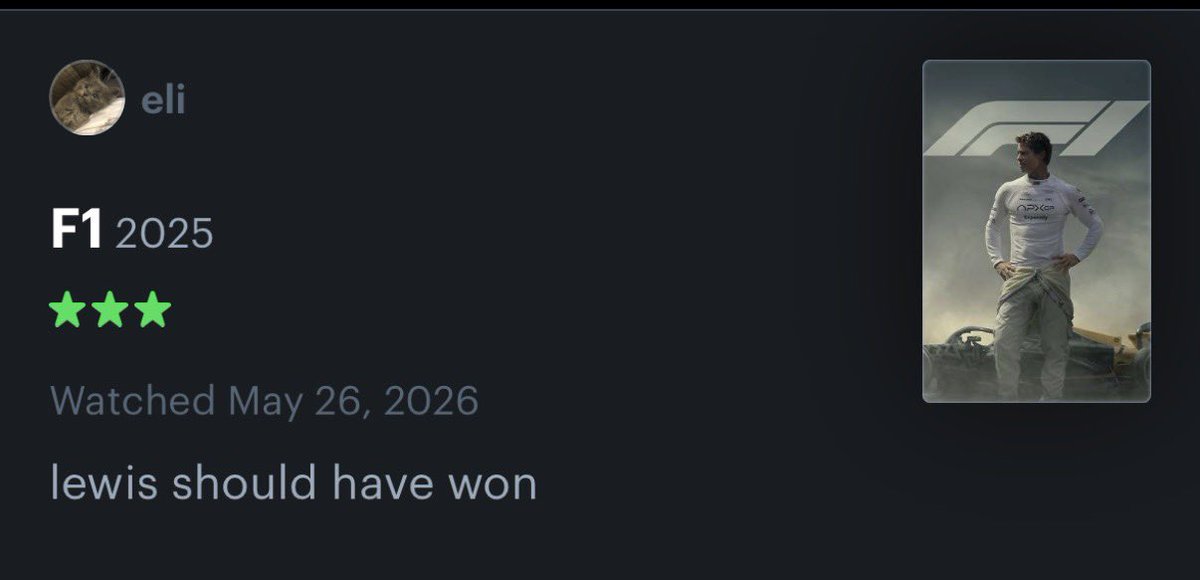 dreamoflewis's tweet photo. watched f1 movie finally https://t.co/OLMw6qaOQB