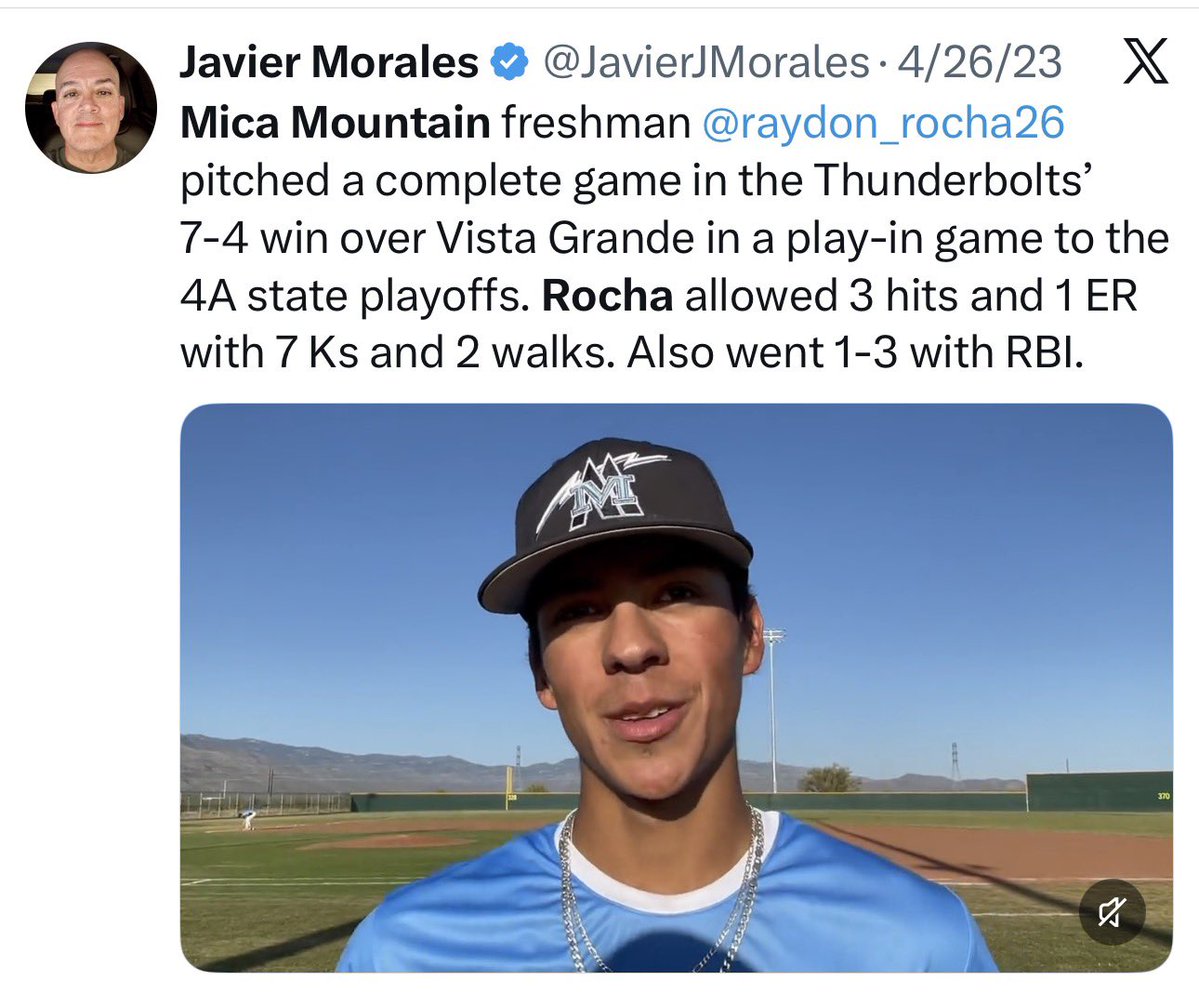 JavierJMorales's tweet photo. Honored to interview utility player and RHP @raydon_rocha26 when he was a freshman in 2023 following a play-in game for Mica Mountain and then tonight in his final game representing the Thunderbolts in the Kino Baseball League Southern Arizona All-Star Game. He is now headed to Wallace College at Dothan, Ala.