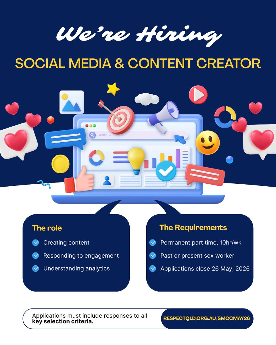 respectqld's tweet photo. Social Media and Content Creator

Permanent-part time, 10 hours per week, Meanjin (Brisbane).

Applications close Sunday 31 May, 2026. 

The Respect Inc team is available to assist you with your application.
Email info@respectqld.org.au to make a time to talk with someone.

Only current or past s*x w*rkers are eligible to apply.

View the full application package:

https://t.co/Mq9wiB0Md8
 
Email applications to jobs@respectqld.org.au