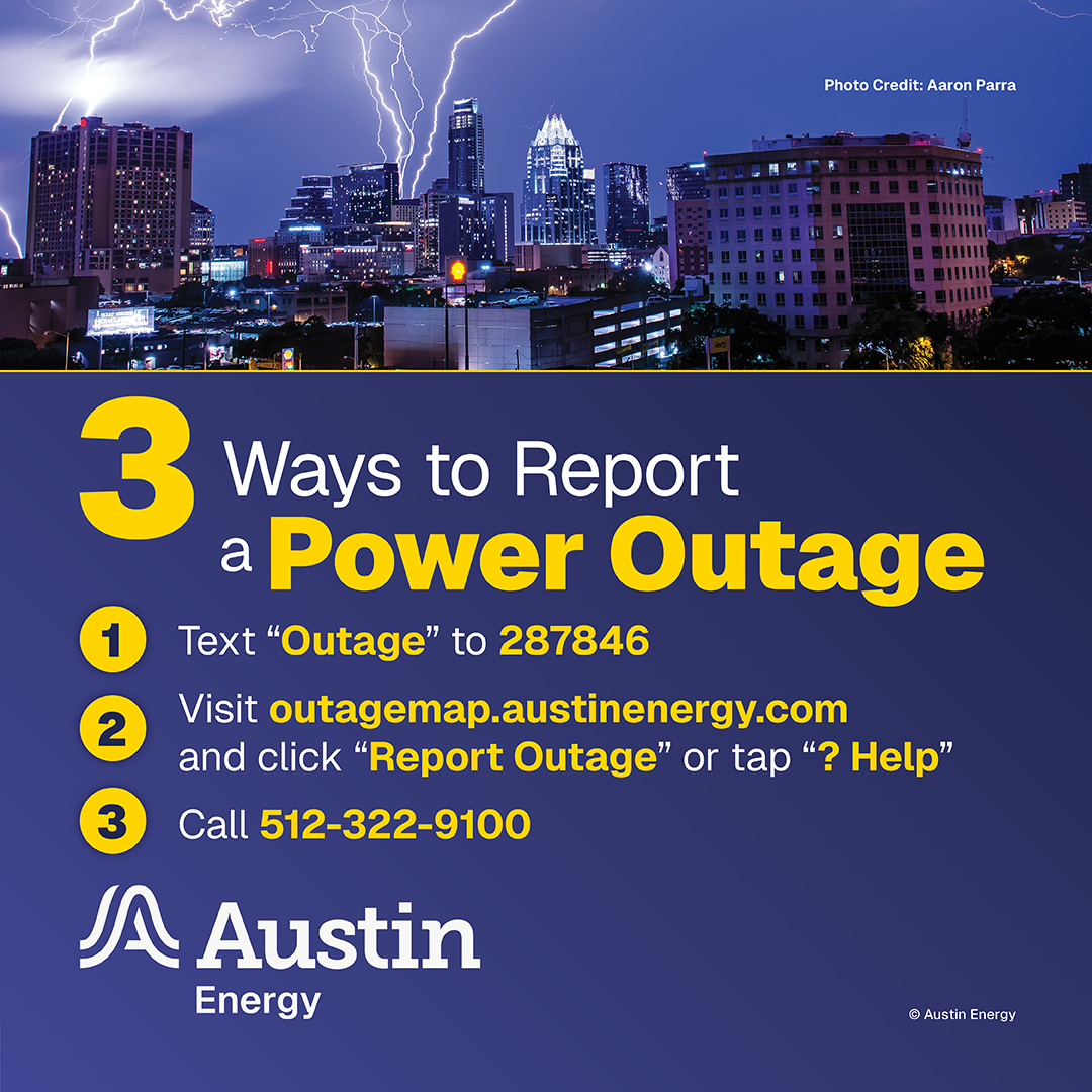 austinenergy's tweet photo. High winds, lightning and broken tree limbs can cause localized outages.

Stay prepared with our tools:
• Outage Map: https://t.co/CUzgszkJ2r
• Sign up for Text Outage Alerts: https://t.co/3O9bk0waG5
• Keep your phone charged
• Report outages to 512-322-9100 https://t.co/HF3NnHzEOL