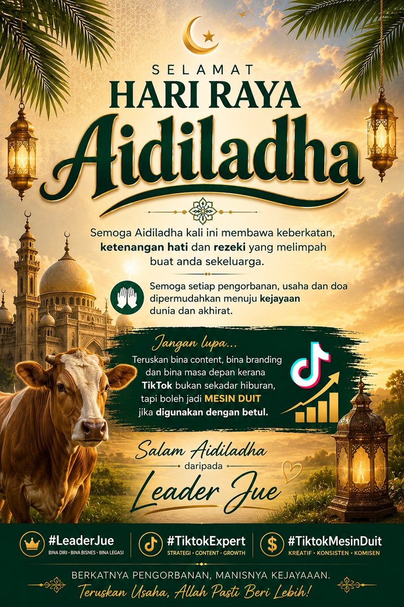 LeaderJue's tweet photo. Selamat Hari Raya Aidiladha 🌙✨
Semoga Aidiladha kali ini membawa keberkatan, ketenangan hati dan rezeki yang melimpah buat anda sekeluarga.
Semoga setiap pengorbanan, usaha dan doa dipermudahkan menuju kejayaan https://t.co/yVMio6quEL
