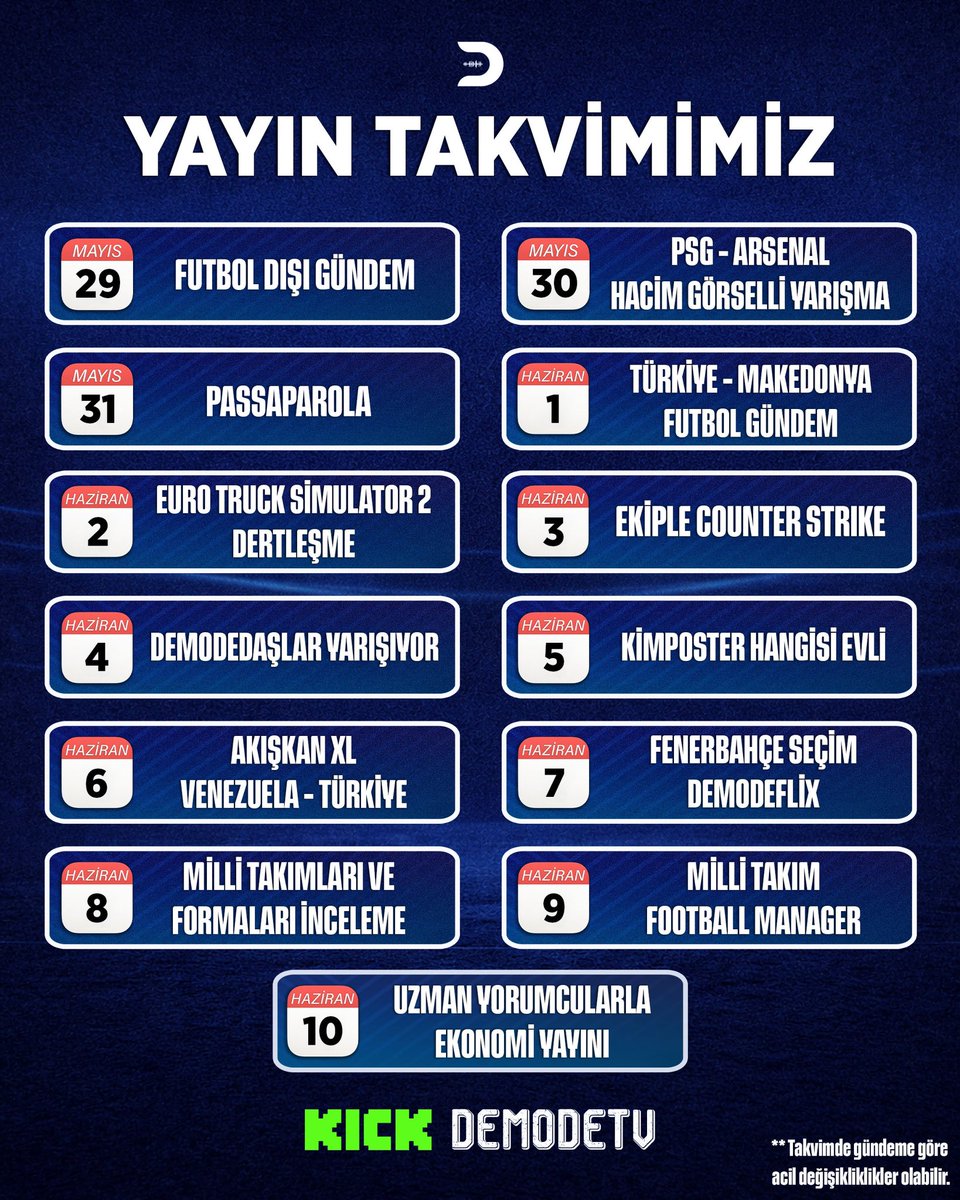 DemodeTV's tweet photo. İyi bayramlar.

Dünya Kupası başlangıcına kadar olan yayın takvimimiz. https://t.co/uhaDIA9Lg1