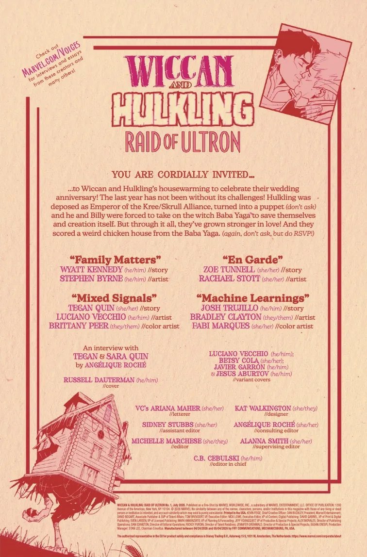 YoungAvCentral's tweet photo. Marvel’s Pride special this year, WICCAN &amp; HULKLING: RAID OF ULTRON, releases tomorrow, May 27th!

Wiccan and Hulkling are celebrating their wedding anniversary in their new home, but Ultron shows up to crash the party���

Here are the lettered previews!
(1/2) https://t.co/TRffUu6U7X