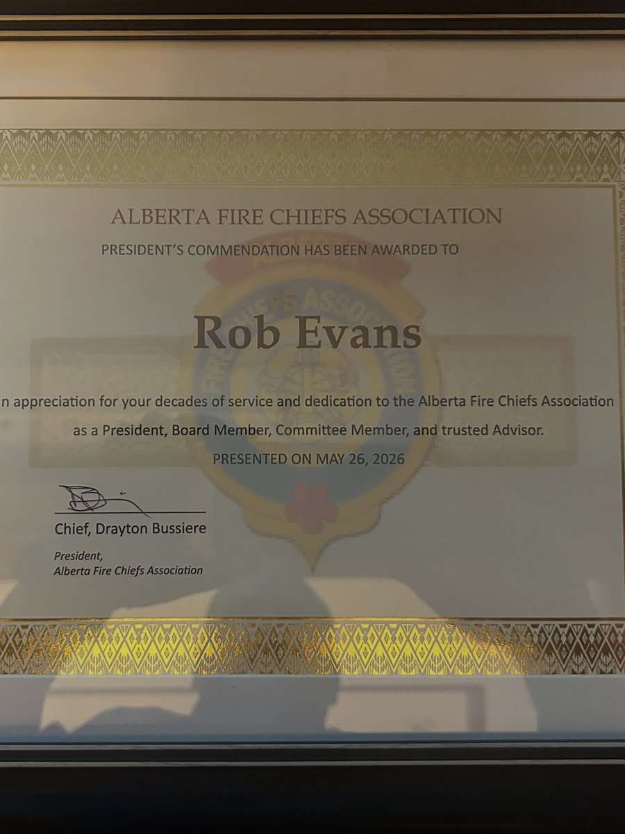 redwoodwoof's tweet photo. Thank you @AbChiefs and President Drayton Bussierre for the presentation of the President’s Commendation tonight. My fire family is incredible. @CdnFireChiefs https://t.co/Cqaf3ihSLc