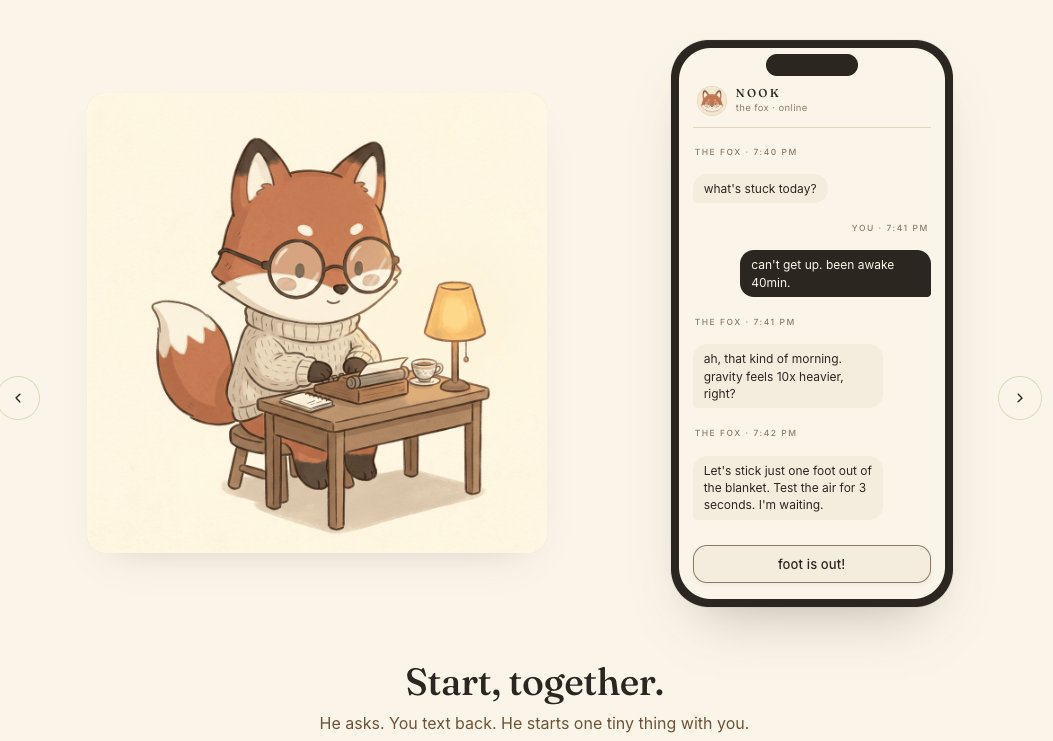 RenderArchiAI's tweet photo. looking for 20 people to test NOOK this week.
no streaks, no to-dos, just company.

can't start? he breaks it into one tiny step —
then does it with you.

can't focus? hit focus mode.
one minute is a win. he stays.

head too loud? drop the scattered thoughts here.
he pockets them for you.

link in replies 🦊

#adhd