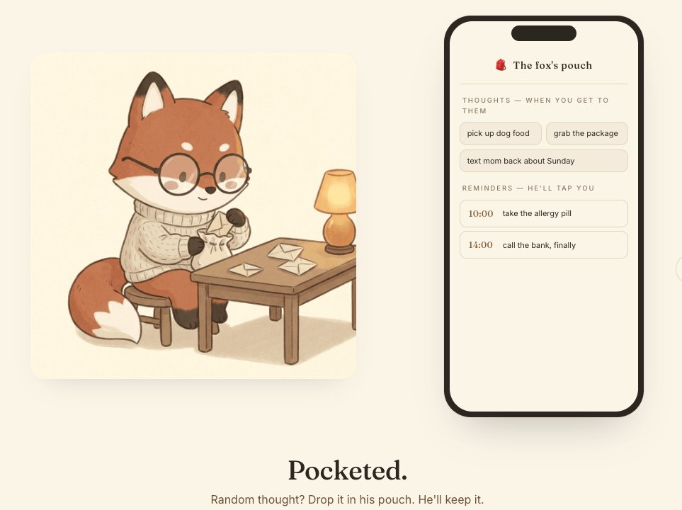 RenderArchiAI's tweet photo. looking for 20 people to test NOOK this week.
no streaks, no to-dos, just company.

can't start? he breaks it into one tiny step —
then does it with you.

can't focus? hit focus mode.
one minute is a win. he stays.

head too loud? drop the scattered thoughts here.
he pockets them for you.

link in replies 🦊

#adhd