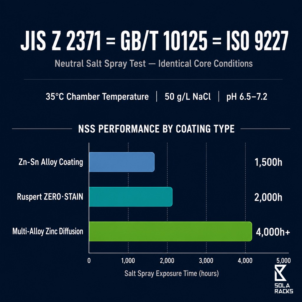 solaracks's tweet photo. JIS Z 2371 vs GB/T 10125 NSS hours: directly comparable. Both = ISO 9227. Same salt, temp, pH. Ruspert 2,000h includes a pre-damage drill test — that's their addition, not the standard. Multi-alloy zinc diffusion: 4,000h+. The gap is real. https://t.co/Vcn6KX3Ioe https://t.co/3CNl4xigVk