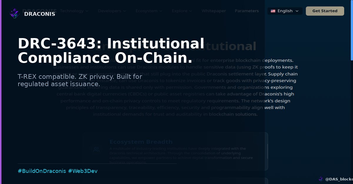 DAS_blockchain's tweet photo. Issuing regulated digital assets?

DRC-3643 on Draconis = ERC-3643 (T-REX) + DCPA privacy.

→ Investor KYC enforcement on-chain
→ Transfer restrictions programmable
→ Privacy preserved with ZK proofs
→ Auditable for regulators on demand

https://t.co/1x5jV8Rtme

#BuildOnDraconis #RWA