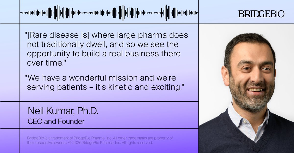 BridgeBioPharma's tweet photo. Our Founder &amp; CEO Neil Kumar on why rare disease is where we want to be. Full conversation with @Roivant CEO @gline on @BiotechTV's Off-Target Effects: https://t.co/X1M7eYrcz6 https://t.co/xLyV8mK5l3