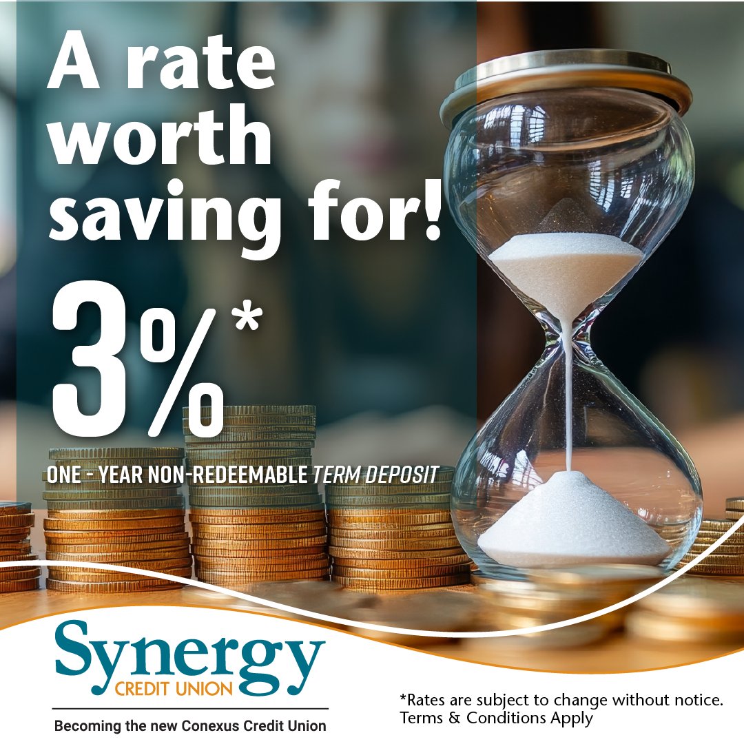 Synergycu's tweet photo. Lock in a 3.00% rate with our 1-year non-redeemable term deposit and watch your savings grow with confidence.

✅ Guaranteed returns
✅ Secure investment

Start saving smarter today: https://t.co/DhGAlEvCno

Rates are subject to change without notice. Terms &amp; Conditions apply. https://t.co/zky6ToMUvE