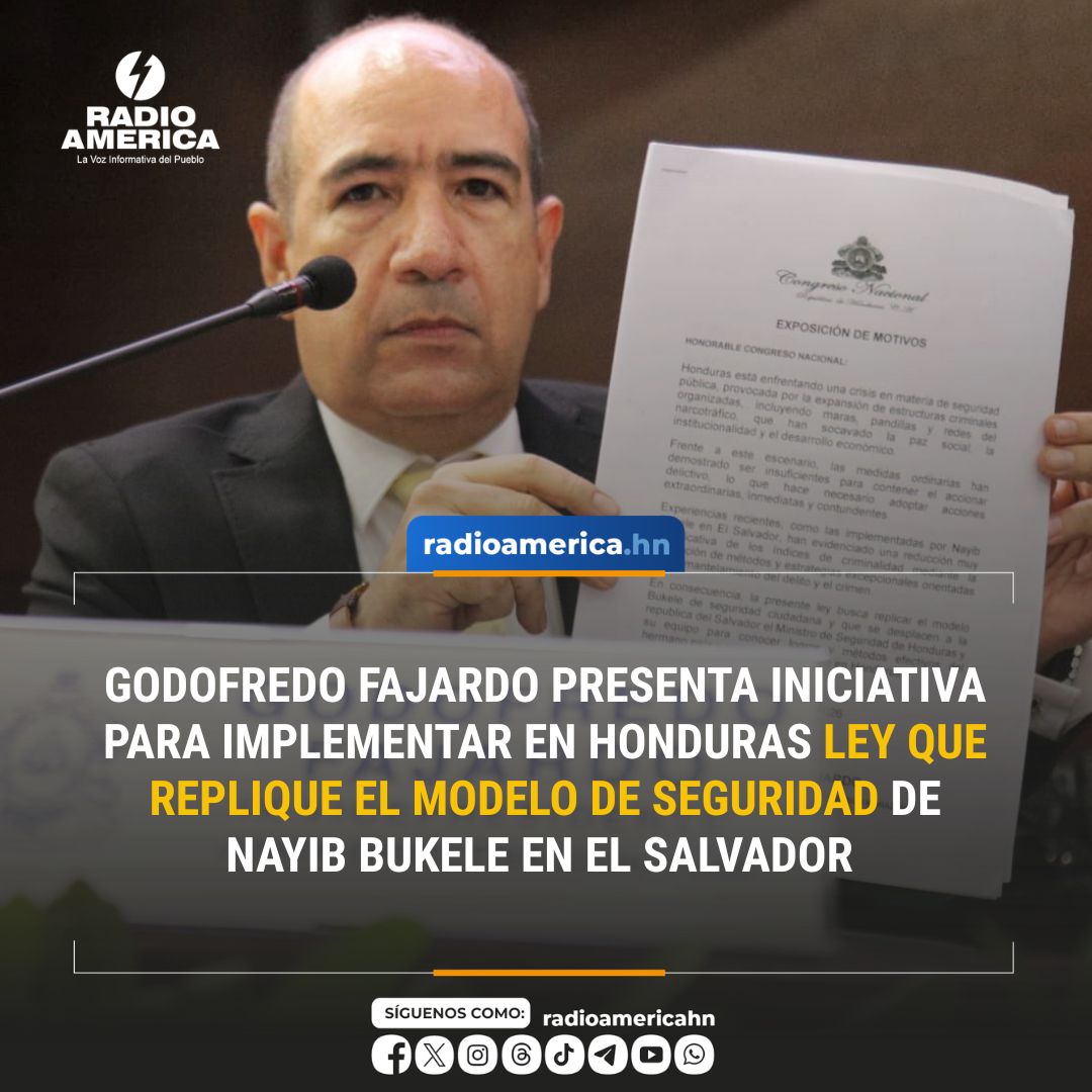 radioamericahn's tweet photo. ATENCIÓN | El diputado del Partido Demócrata Cristiano de Honduras (DC), Godofredo Fajardo, este martes en el pleno legislativo presentó un proyecto orientado a implementar en Honduras la ley que replique el modelo de seguridad del presidente Nayib Bukele, en la República de El Salvador.

#RadioAmérica #Honduras #AméricaNoticias
Clic: https://t.co/4cpxXVKi23
