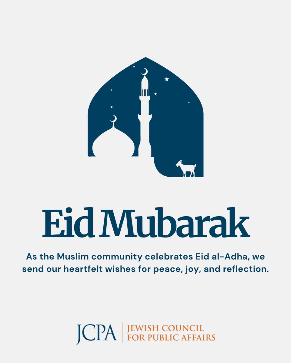 theJCPA's tweet photo. Eid al-Adha begins at nightfall, we extend warm wishes to all who are celebrating.

May this holiday be marked by peace, reflection, generosity, and time with loved ones. Eid Mubarak! https://t.co/LemTb1hSIZ