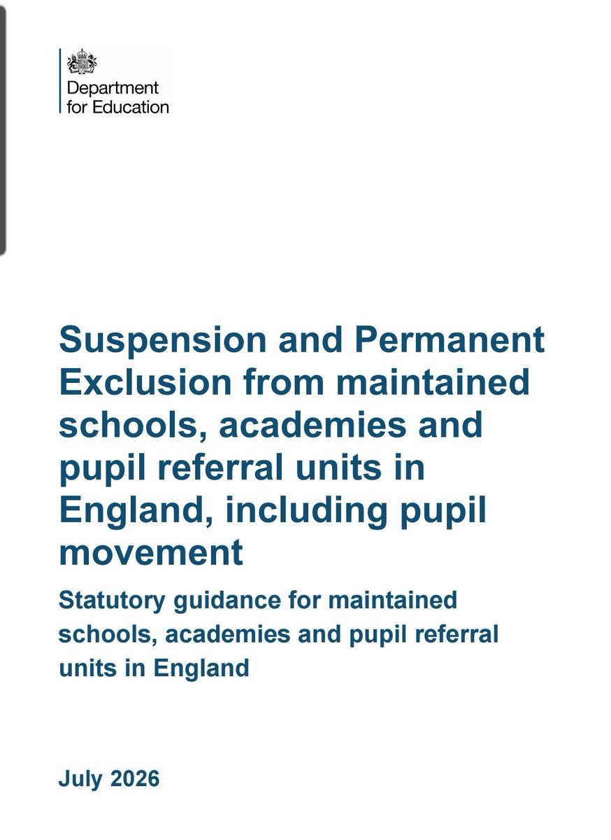 Michael_S_Green's tweet photo. 🚨🚨 DfE publishes updated statutory exclusions and suspensions guidance over half-term. Effective July 2026!

Leaders deserve better notice than this @educationgovuk @bphillipsonMP @JoshMacAlister. Please start to value the profession. 

#Edutwitter 

https://t.co/yU4HCjJjL9 https://t.co/ODonO852BR