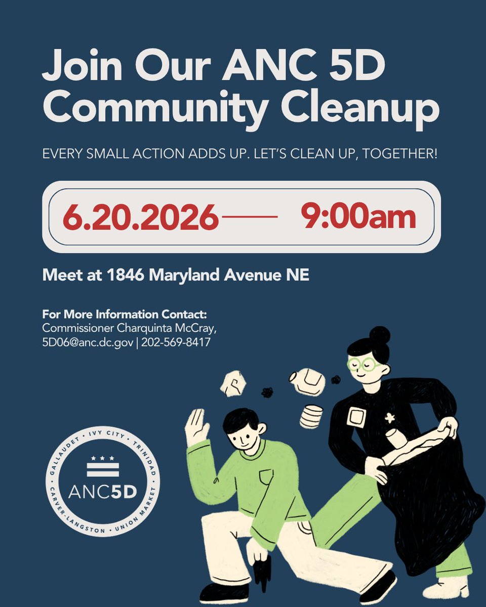 ANC5D's tweet photo. Join ANC 5D on June 20 at 9 AM at 1846 Maryland Avenue NE to help make a visible difference in our neighborhood. Bring your energy, we’ll bring the community spirit.

#ANC5D #CommunityCleanup https://t.co/ZI4AcazVJ4