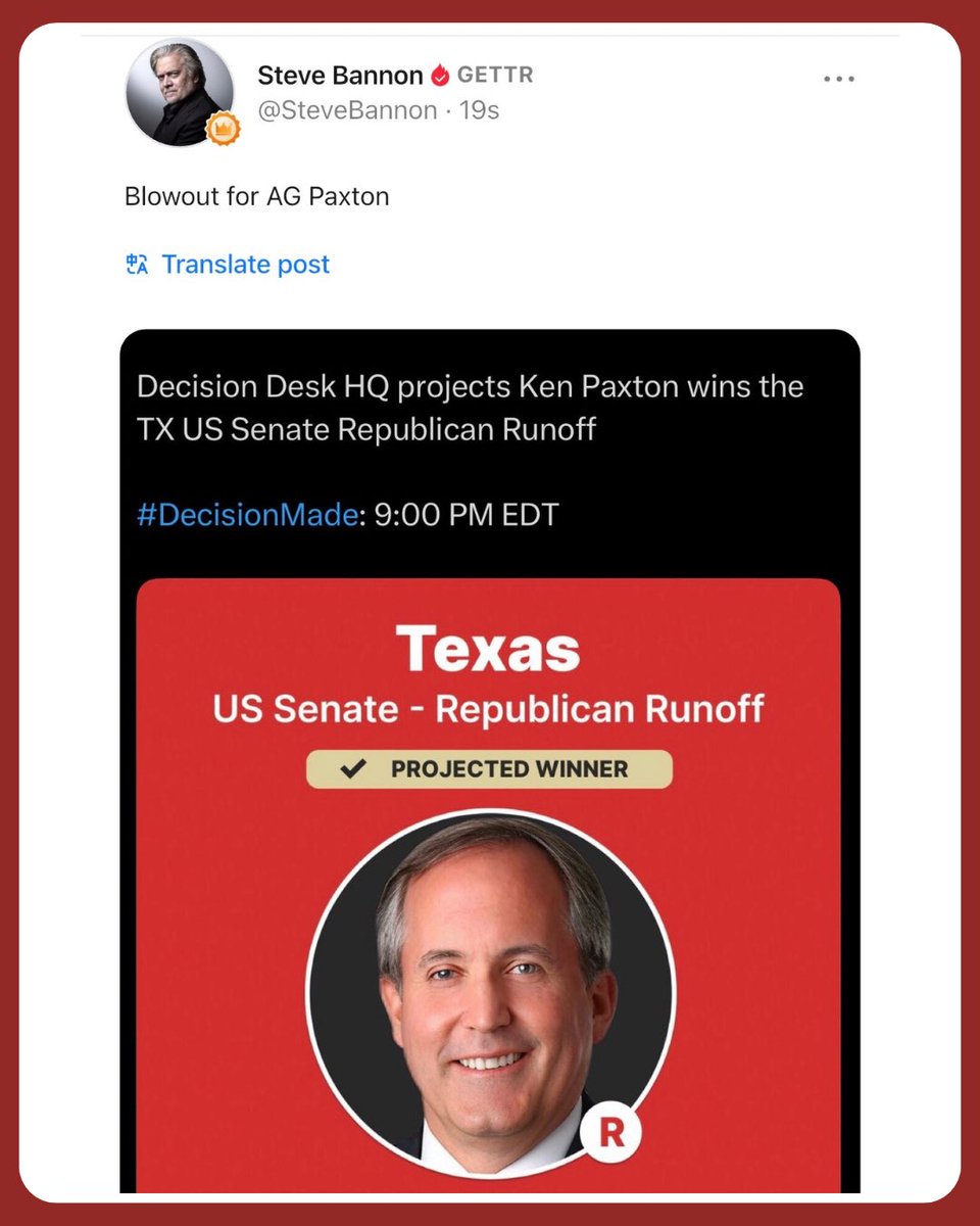 Bannons_WarRoom's tweet photo. Blowout for AG Paxton https://t.co/HOMY30WxwF