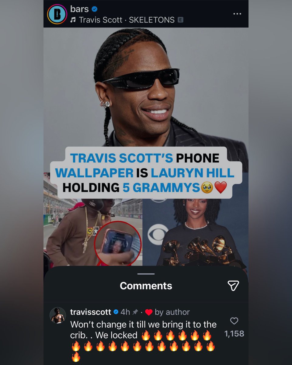 Kurrco's tweet photo. Travis Scott’s phone wallpaper is Lauryn Hill holding 5 GRAMMYs 

He says he won’t change it until he brings a GRAMMY home himself 👀

“Wont change it till we bring it to the crib. . We locked 🔥” https://t.co/3RYf8Yv4rs