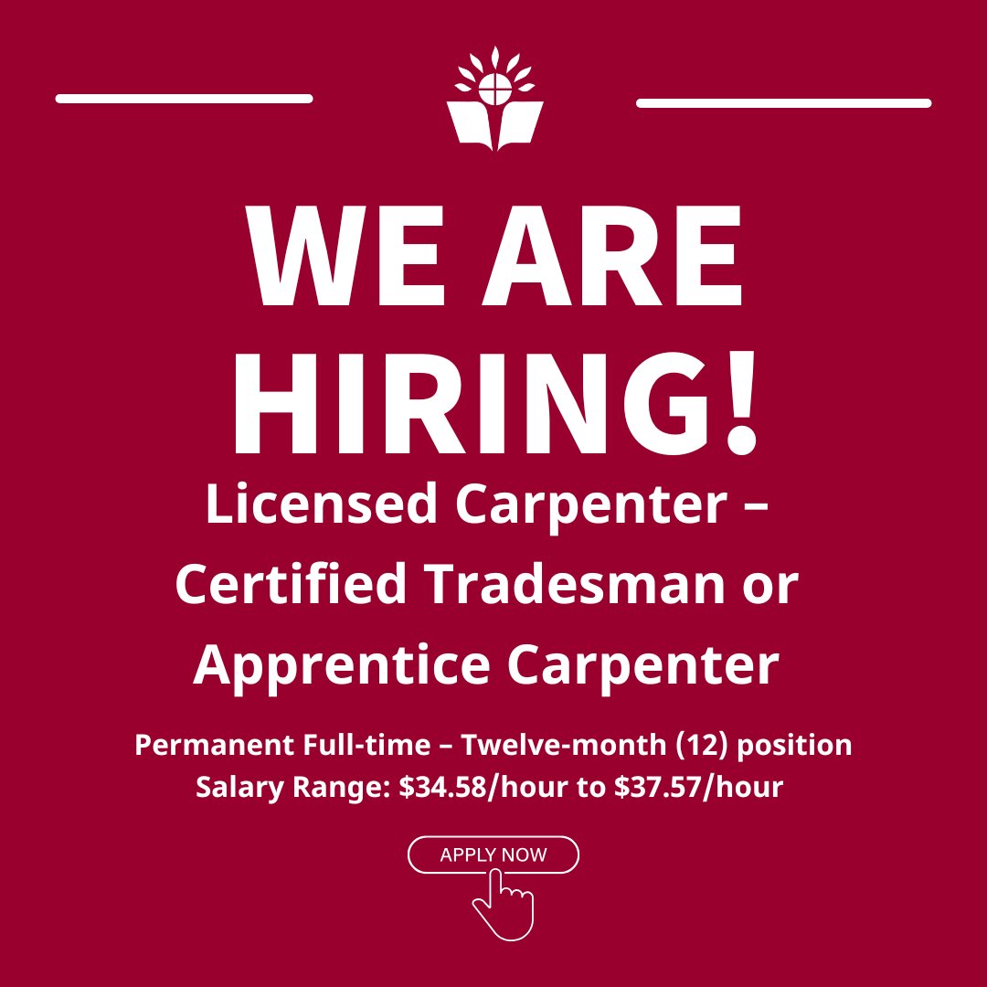 LDCSB's tweet photo. Join our team as a Licensed Carpenter – Certified Tradesman or Apprentice Carpenter
Permanent Full-Time 
Twelve-Month Position
$34.58/hour – $37.57/hour (Commensurate with experience)
Apply at https://t.co/YQQbqdKrWt > Careers > Support Staff #WeAreLDCSB https://t.co/fnpOeBEuQV