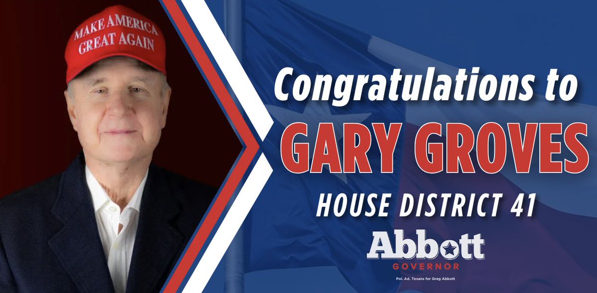 GovHotWheels_TX's tweet photo. JUST IN

Big congrats to Gary Groves! 

Great win for Texas! Vote Red in November. https://t.co/WlzKy3GHVk