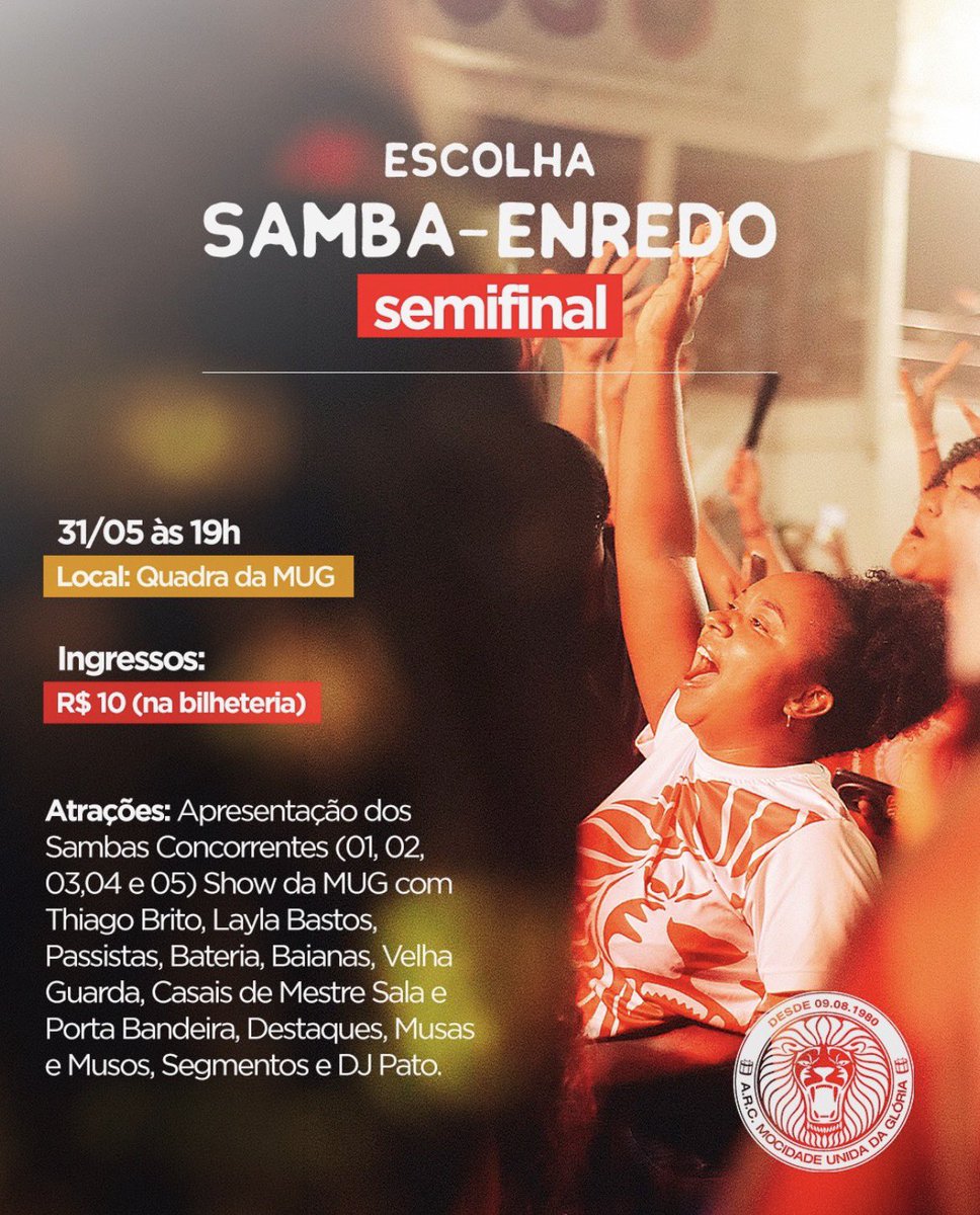arcmug's tweet photo. Domingo é dia de ouvir nossos sambas concorrentes na quadra. 🦁🎧

Venha e traga a sua torcida! 🎉
Quem vai ganhar?

#avantemug https://t.co/U8Ys67ynvf