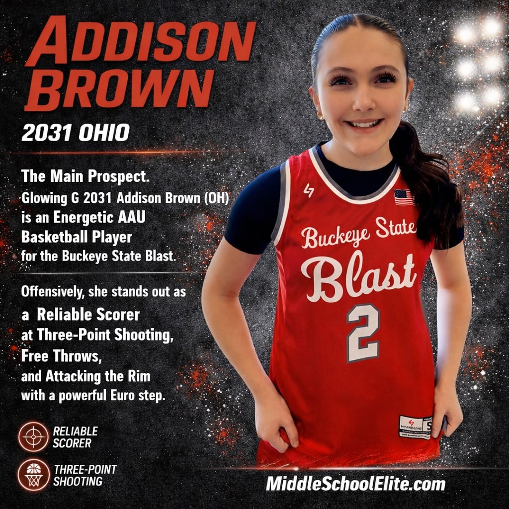 AddisonBrown31's tweet photo. The Main Prospect. Glowing G 2031 Addison Brown (OH) is an energetic AAU basketball player for the Buckeye State Blast. Offensively, she stands out as a reliable scorer at three-point shooting, free throws, and attacking the rim with a powerful Euro step. https://t.co/Ziad72fnSu https://t.co/oZKmfv60gw