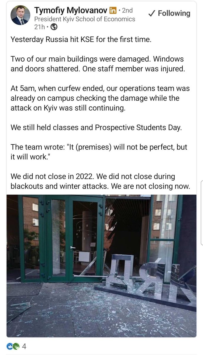 Garymarx's tweet photo. Russia struck the Kyiv School of Economics (@KyivSchool), where I serve as a board member. Incredibly powerful defiance from Tymofiy Mylovanov and his team. "We are not closing." https://t.co/VadNMACHk2