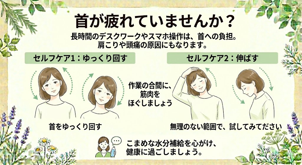 kusunoki1001's tweet photo. 長時間のデスクワークやスマホの操作で、首が疲れていませんか？首に負担がかかると、肩こりや頭痛の原因にもなります。作業の合間にゆっくりと首を回したり、前後左右に伸ばすストレッチを取り入れて、筋肉をほぐしましょう。無理のない範囲で試してみてくださいね。

#調剤薬局 #首こり解消 https://t.co/SSMwXWi82h