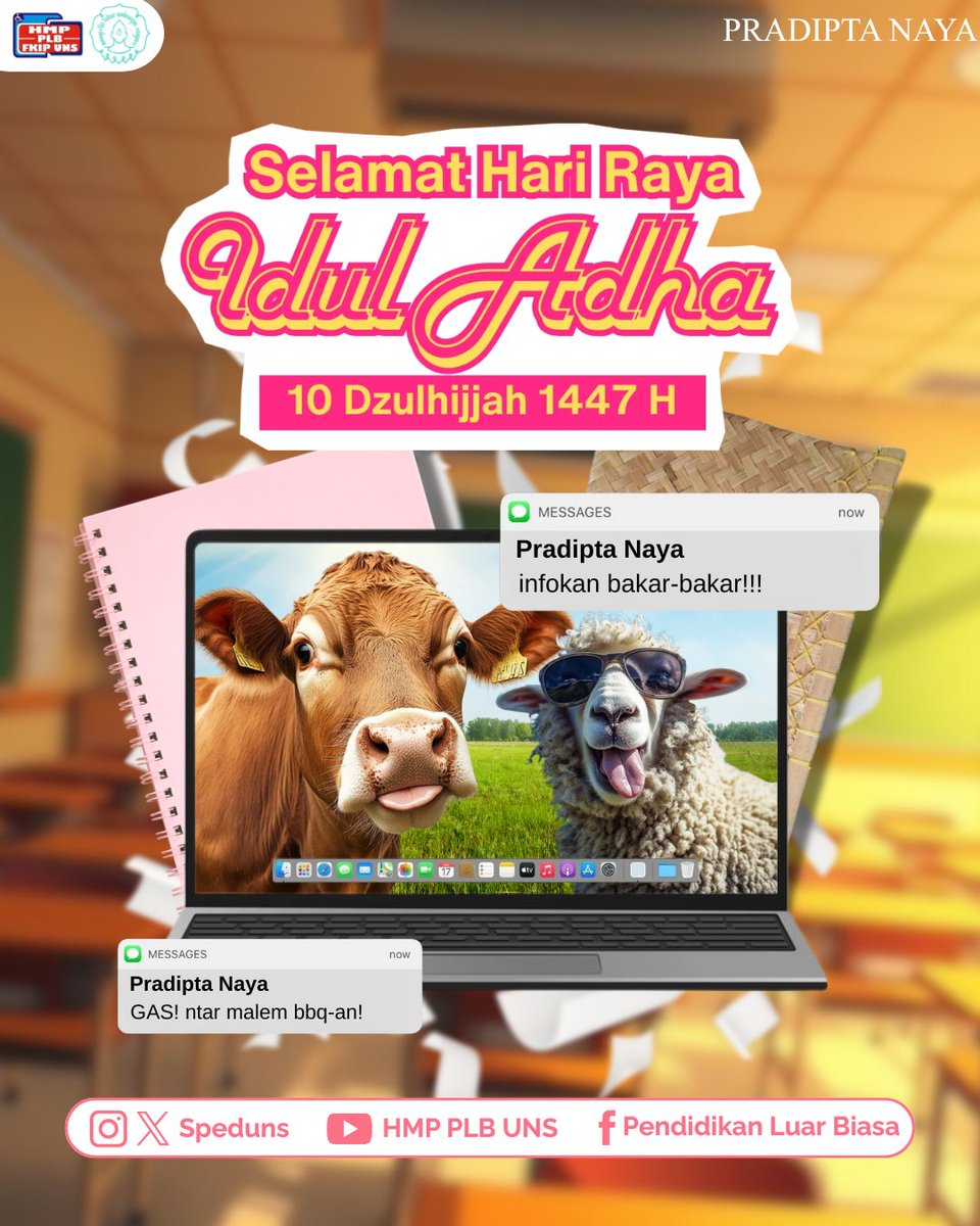 SpeduUNS's tweet photo. 🌙✨ 𝙎𝙚𝙡𝙖𝙢𝙖𝙩 𝙃𝙖𝙧𝙞 𝙍𝙖𝙮𝙖 𝙄𝙙𝙪𝙡𝙖𝙙𝙝𝙖 1447 𝙃✨🌙

Hari Raya Iduladha menjadi pengingat tentang arti keikhlasan, pengorbanan, dan kepedulian terhadap sesama 🤍
Semoga semangat berbagi dan kebaikan selalu menyertai langkah kita semua.

Eid Mubarak 🐄🐐 https://t.co/LL9oWZIxvZ