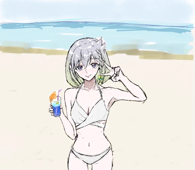 wip 昨日でだいたいのイメージができたかも ちょい俯瞰の構図だと海はこの辺に見えるのはたくさん写真を見て理解したよ 海描くのって思った以上に難しいんだよねこれ