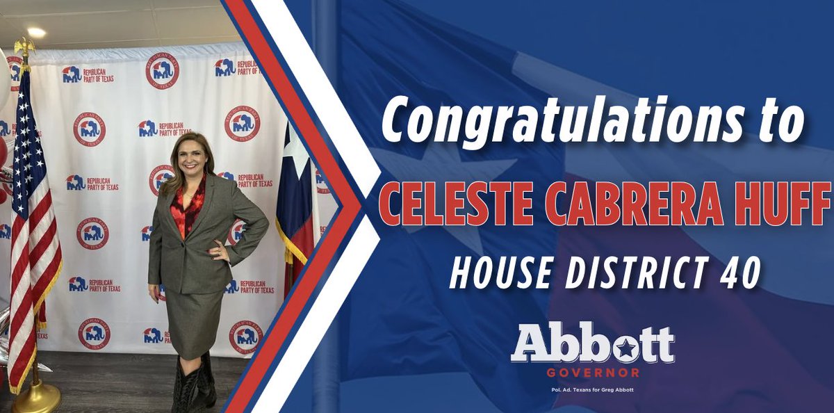 GovHotWheels_TX's tweet photo. Runoff victory for Celeste Cabrera Huff! 

Let's keep Texas Red in November! https://t.co/pwAmd6JweH