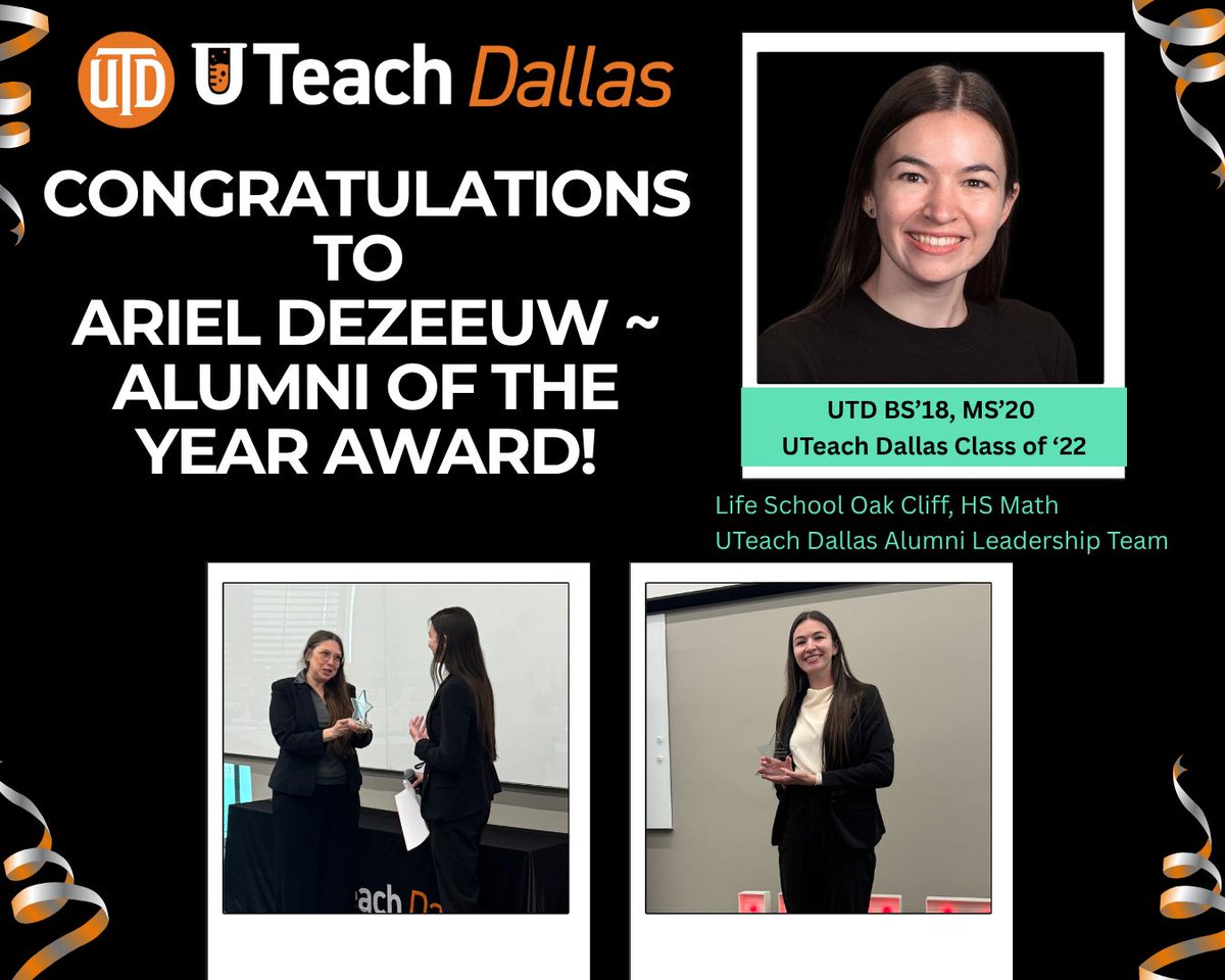 UTDSME's tweet photo. Congrats to Ariel DeZeeuw (BS’18, MS’20, #UTeachDallas ‘22) for the SME-UTeach Dallas Alumni of the Year Award! Ariel is a HS Math teacher at Life School Oak Cliff campus and is part of our UTeach Dallas Alumni Leadership Team.
#alumniaward #uteachnation #UTDAlumni #utdsme https://t.co/uJHLecvSE6