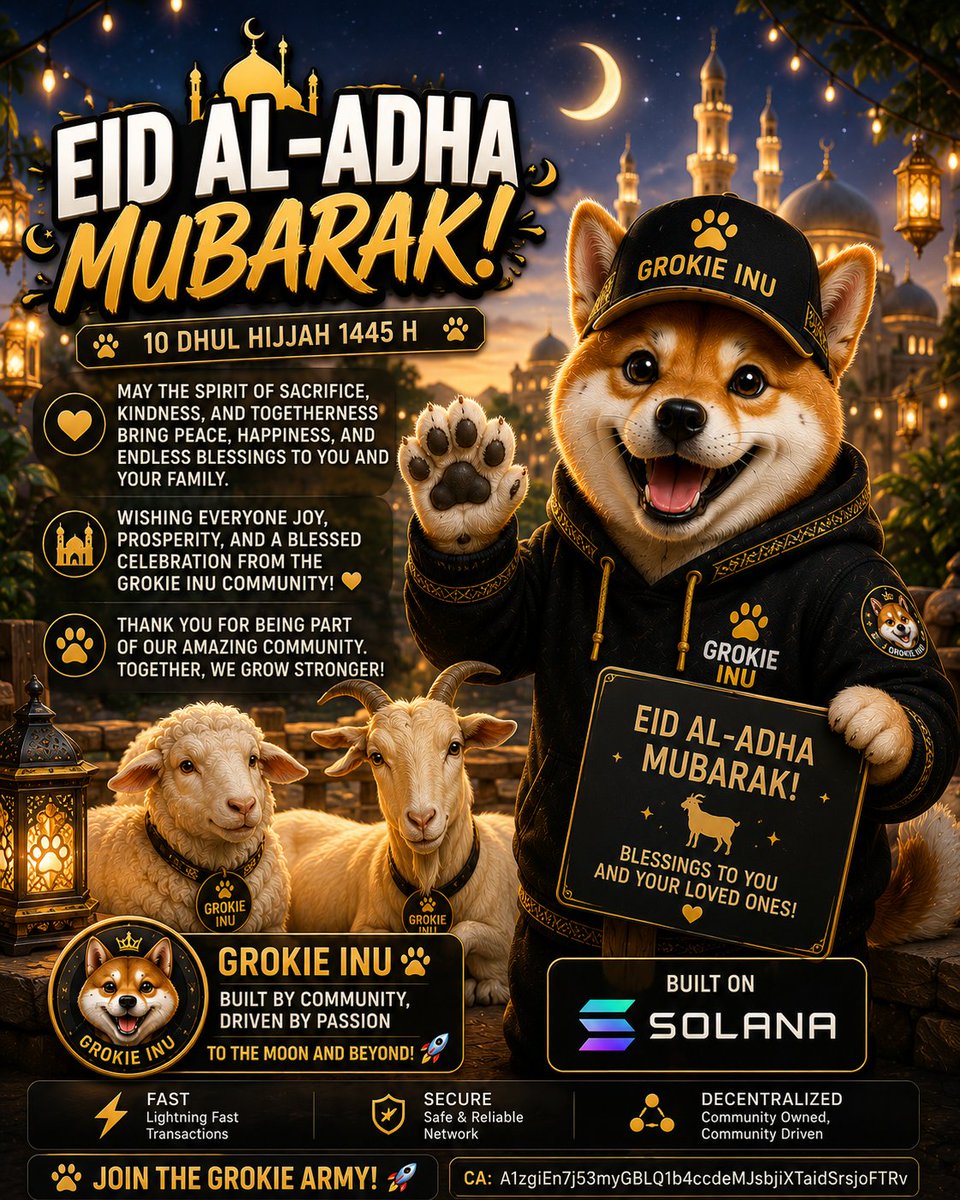 grokieinu1's tweet photo. 🌙 Eid Al-Adha Mubarak from #GrokieInu 🐾
May peace, happiness, and blessings always be with you 🤍

Built on #Solana ⚡
CA: A1zgiEn7j53myGBLQ1b4ccdeMJsbjiXTaidSrsjoFTRv

#EidAlAdha #GROKIE #Crypto #Memecoin https://t.co/cE96rkXiQD