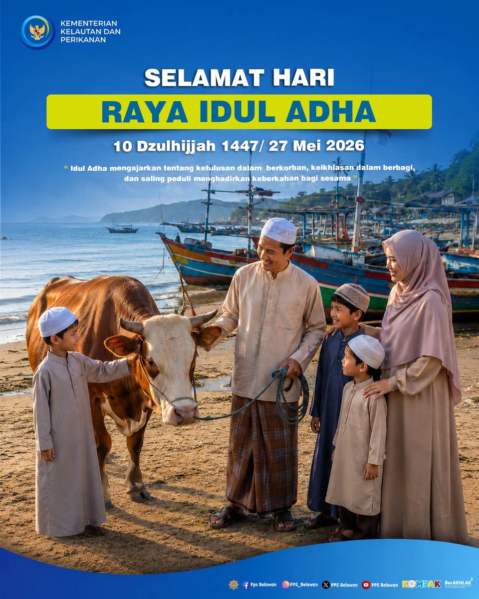 PPSBelawan's tweet photo. Keluarga Besar Pelabuhan Perikanan Samudera Belawan mengucapkan Selamat Hari Raya Idul Adha 1447 H / 2026 M. 🌙✨
#KNMP #KampungNelayanMerahPutih #NelayanNaikKelas
#PanganBiru #2026KKPGrowStronger #SaktiWahyuTrenggono #KKPGOID #PenangkapanIkanTerukur #DJPTDisiplin https://t.co/vXOXRAm1q6