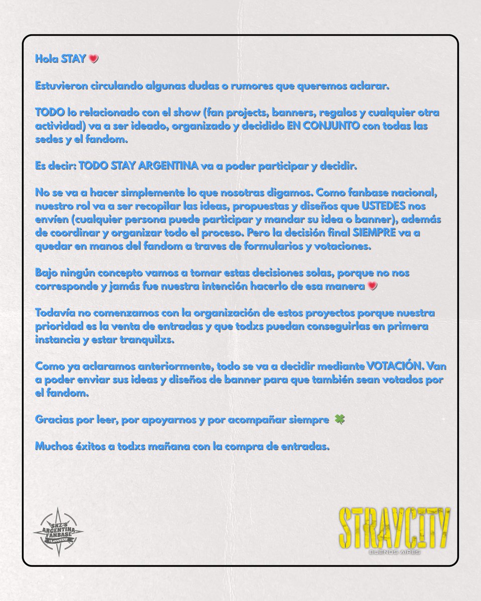 StrayKidsArgFC's tweet photo. ❗️Comunicado Importante❗️

💫 STAY, por favor tómense unos minutos para leer lo siguiente 🙏 https://t.co/PfulBzYndb