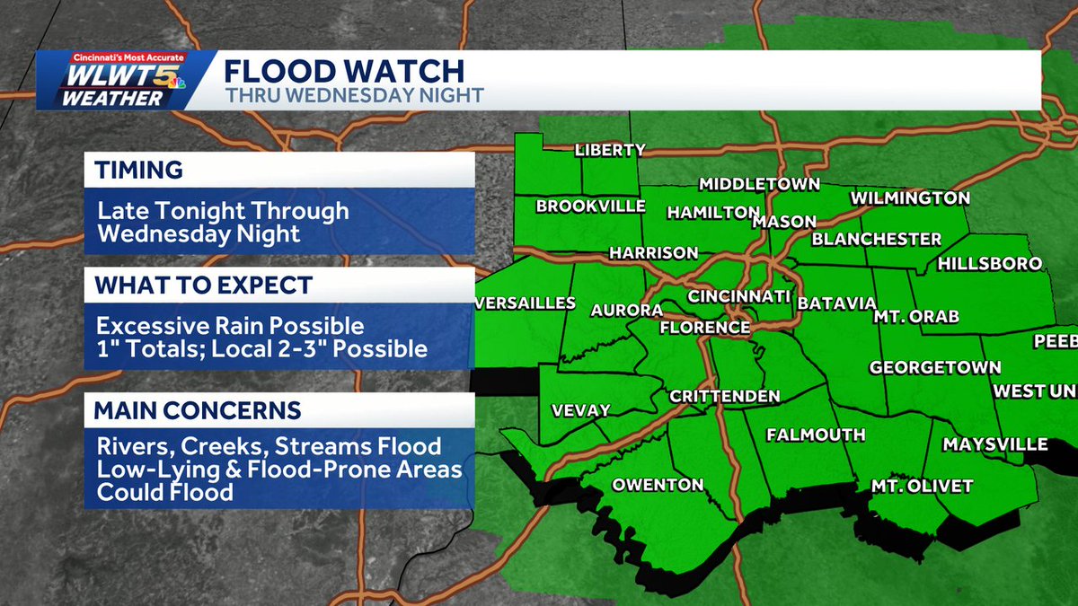 AllisonWeather's tweet photo. Several rounds of rain and storms tonight - tomorrow brings a flood potential. Isolated spots see heavy downpours that could lead to 2-3" by the end of tomorrow. Storms will be most widespread in the afternoon and evening. Low-lying &amp; flood-prone areas should remain alert. https://t.co/cEV6vA2sOX