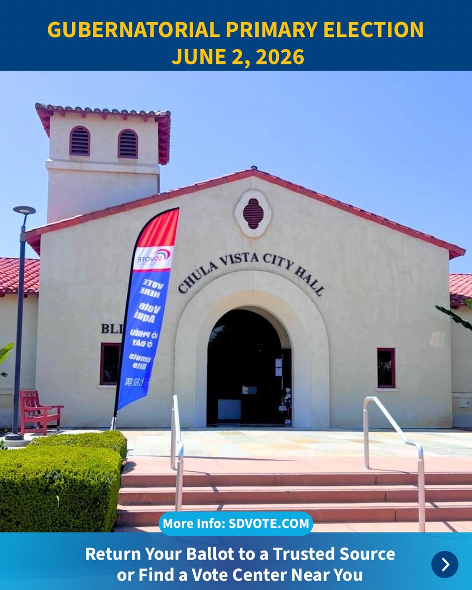 thinkchulavista's tweet photo. ๐ณ๏ธ The Gubernatorial Primary Election is Tuesday, June 2, 2026!
Vote by mail, return your ballot at an official drop box or visit a Vote Center near you.
๐Find locations: https://t.co/rL0lDOEPjY
#ChulaVista #Election2026 #SDVote #VoteReady https://t.co/NXSZjpfGww