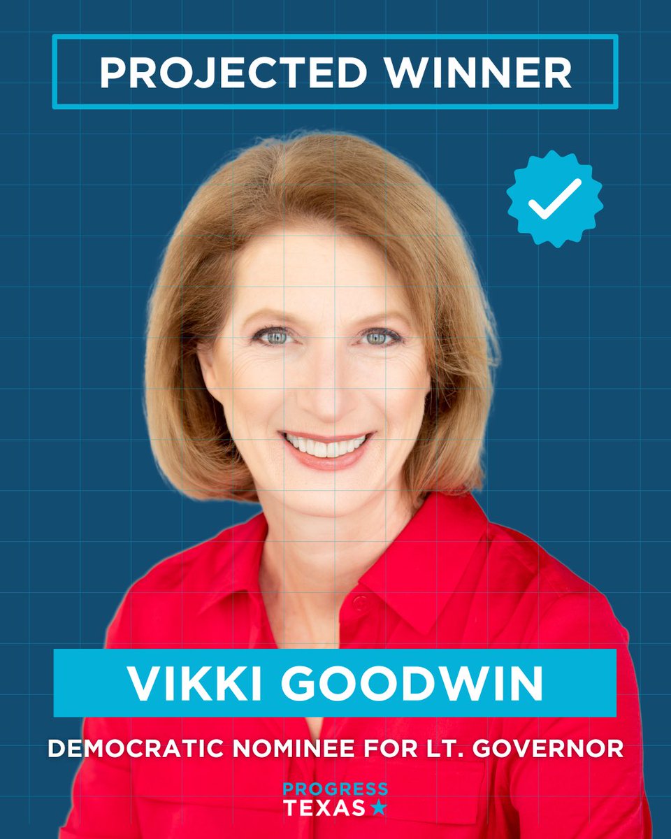 ProgressTX's tweet photo. BREAKING: Progress Texas Endorsee @VikkiGoodwinTX has won the primary election to become the Democratic nominee for Texas Lieutenant Governor. https://t.co/7Khz7V78xO