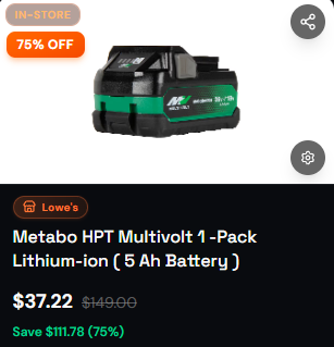 hiddenclearance's tweet photo. $37 FOR METABO BATTERY AT LOWE'S

Was originally going for $149, but now 75% OFF

Tons of stores are showing stock

Make sure to go check with the link below ⬇️ 

https://t.co/HBo8LMTImU https://t.co/R9AcNnCbP2