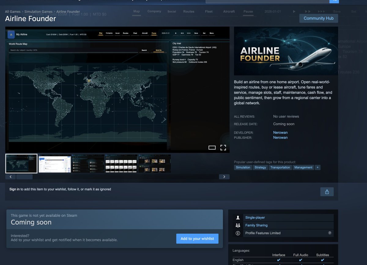 AirlineFounder's tweet photo. Airline Founder is now on Steam! https://t.co/leT15eeAUR
