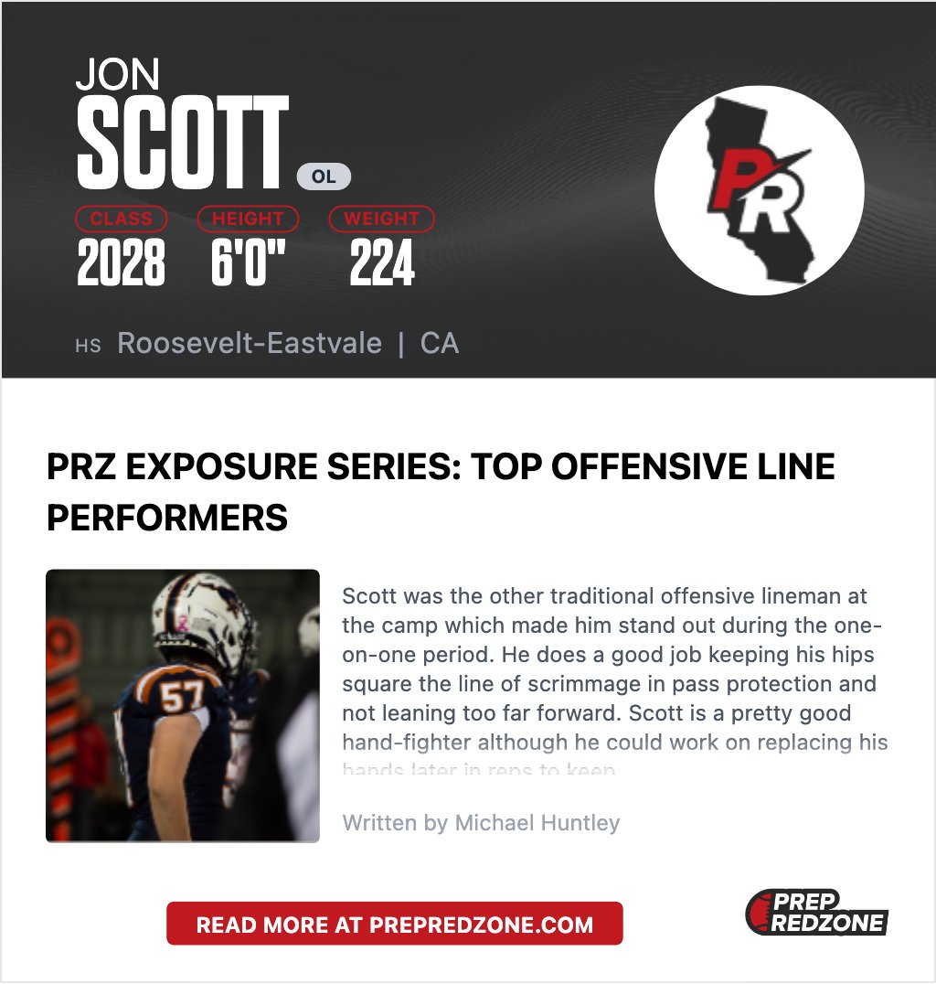 Jon_ScottOL57's tweet photo. Thank you for the article mention and write up. PRZ Exposure Series: Top Offensive Line Performers @PrepRedzoneCA @mikehuntley63 https://t.co/heLHidsAK6