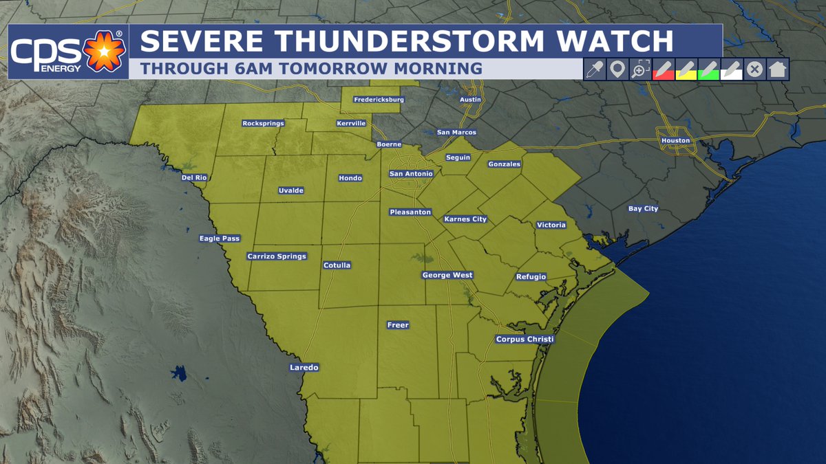 wxprobrian's tweet photo. SEVERE THUNDERSTORM WATCH: has been issued for Bexar county and most of South Texas until 6am tomorrow morning. Storms will have the capability of producing gusty winds, hail, heavy rain, and an isolated tornado. https://t.co/nK0snppqg2